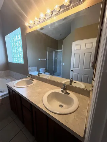 a bathroom with a sink double vanity and a mirror