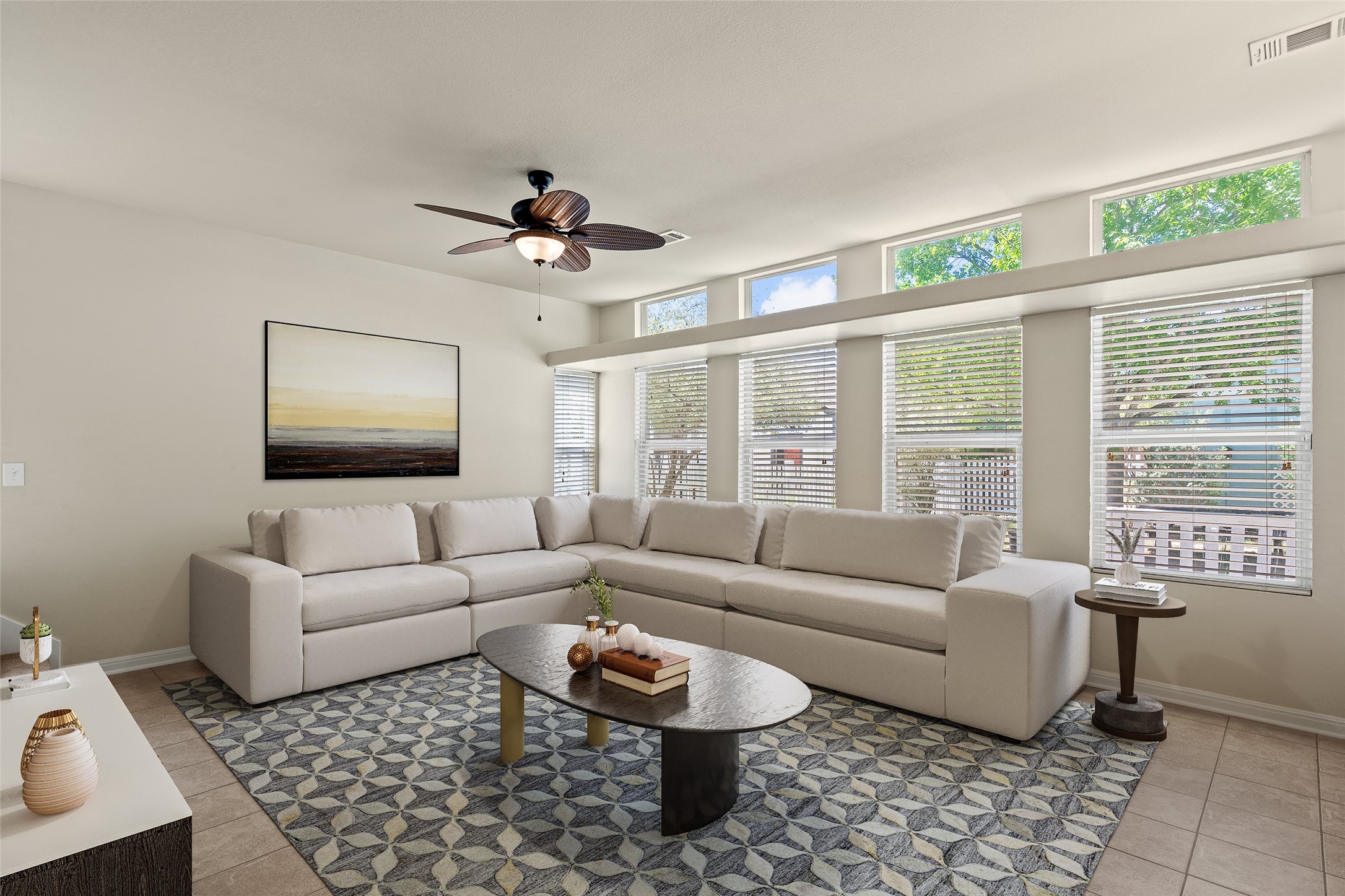 423 Wetzel Kyle, TX 78640 - Photo 13 of 35 Living room featuring a ceiling fan and light tile patterned floors