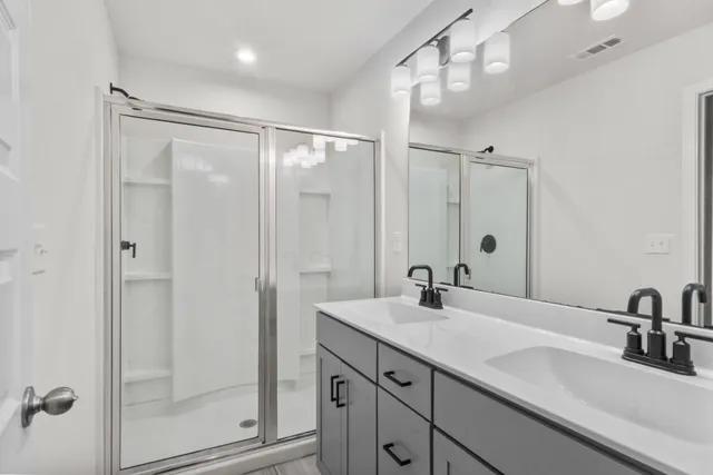 a bathroom with a shower sink vanity and mirror