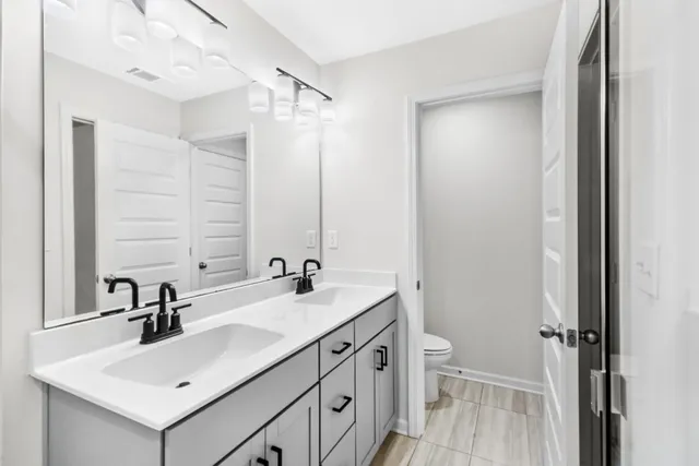 a bathroom with a sink a toilet and a mirror