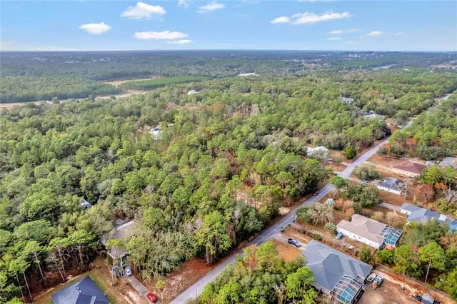 an aerial view of residential houses with outdoor space and trees