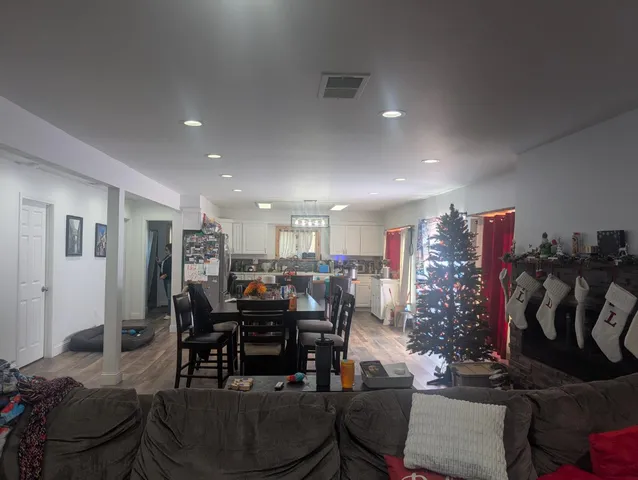 a view of a dining room with furniture