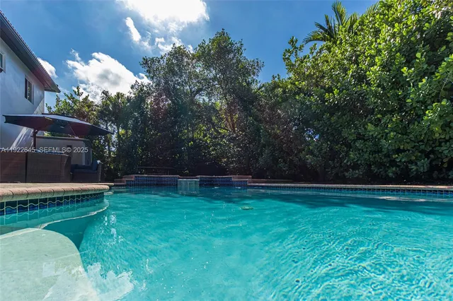 a view of a swimming pool with a yard