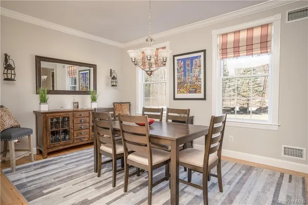 a view of a dining room with furniture window and wooden floor