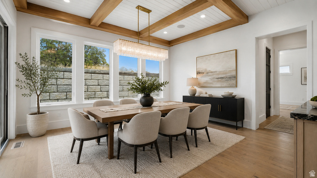 1682 North 1950 W Street, Unit 9 Provo, UT 84604 - Photo 75 of 84 Dining area featuring a coffered ceiling with wood beams, a contemporary linear chandelier, wide-plank wood-finish flooring, and multiple large windows
