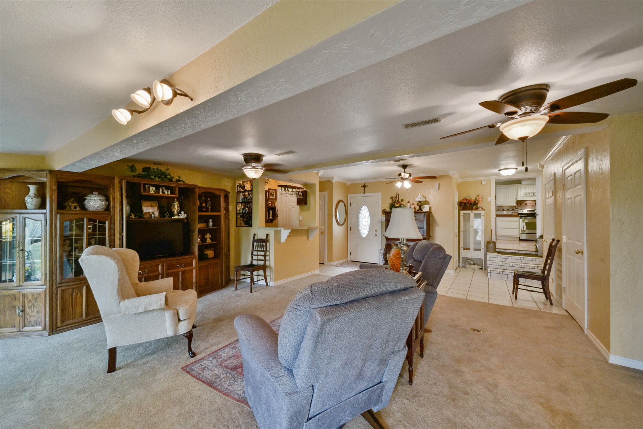 13710 Mueck Road Needville, TX 77461 - Photo 11 of 42 Experience a bright, spacious living area with carpet flooring, ceiling fans, and track lighting. The open layout seamlessly connects to the dining space and kitchen, perfect for entertaining and family gatherings.