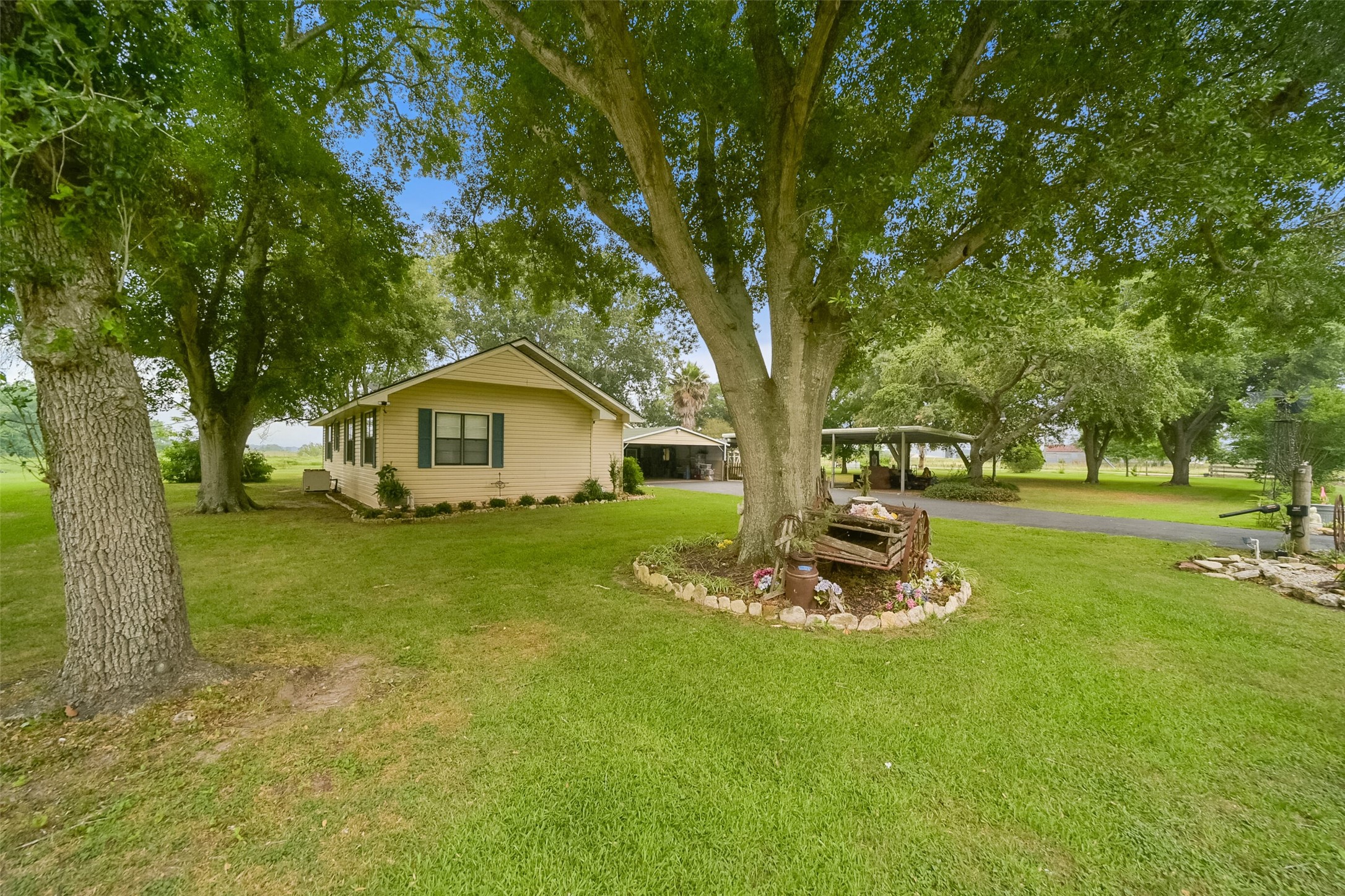 13710 Mueck Road Needville, TX 77461 - Photo 39 of 42 This is a charming single-story home nestled among mature trees with a well-manicured lawn and landscaped garden area. The property features a covered carport to the right and offers a serene, green backdrop for peaceful living.