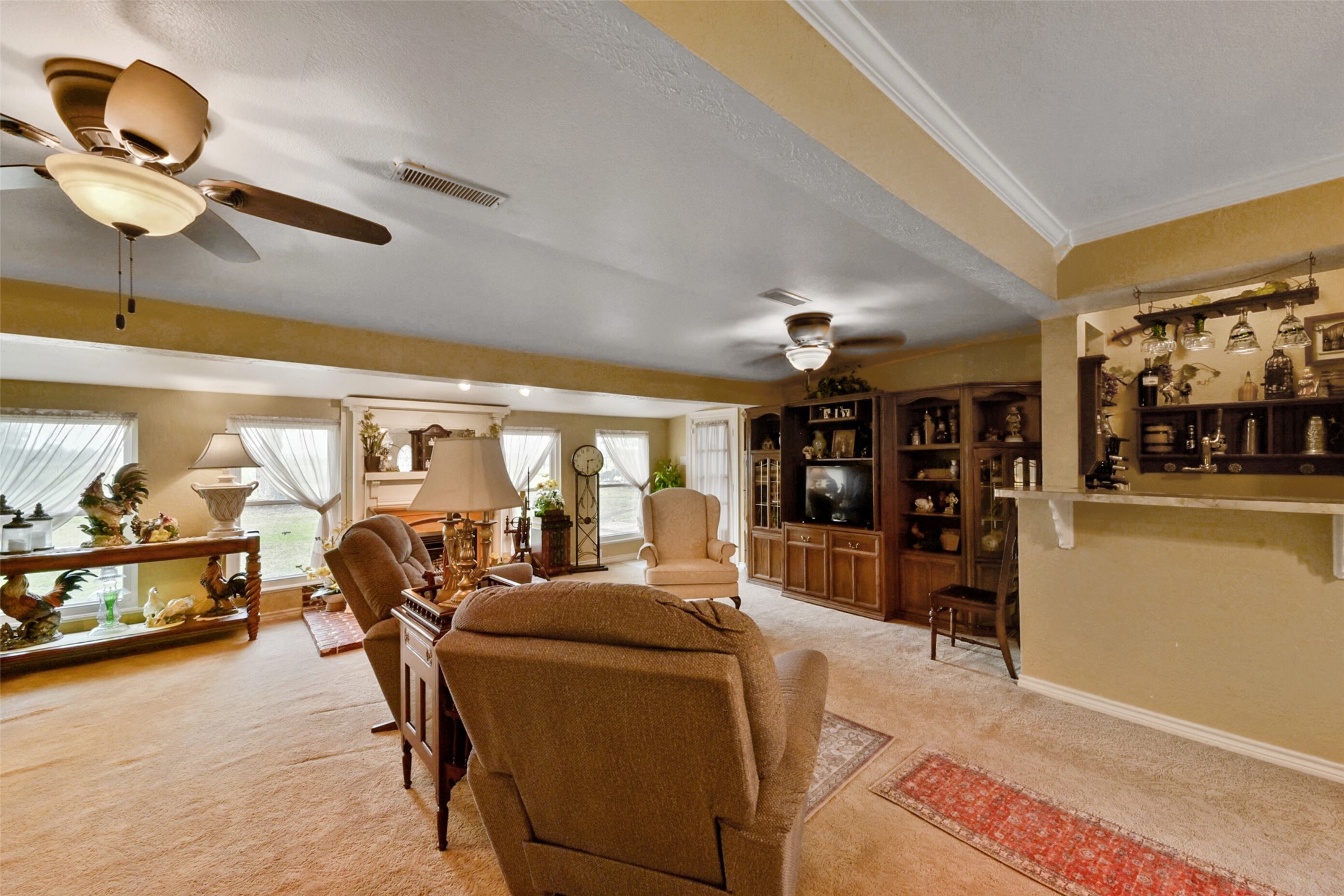 13710 Mueck Road Needville, TX 77461 - Photo 9 of 42 Discover a bright, spacious living room featuring cozy carpeted floors, dual ceiling fans, and built-in shelving for versatile storage or display.