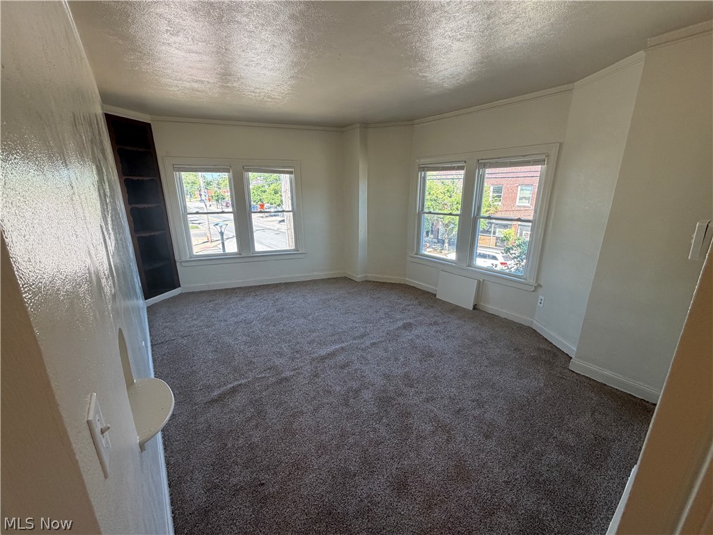 15300 Waterloo Road, Unit 1 Cleveland, OH 44110 - Photo 2 of 11 Spacious room featuring new gray carpeting, multiple windows providing natural light, a built-in dark wood bookshelf, and crisp white wall paint
