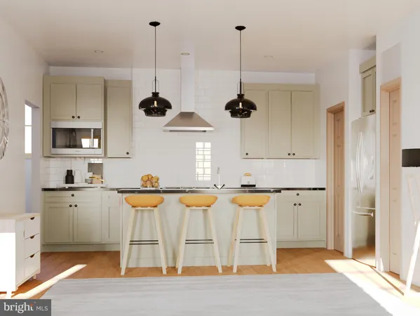 a kitchen with stainless steel appliances kitchen island granite countertop a refrigerator a sink a stove and white cabinets