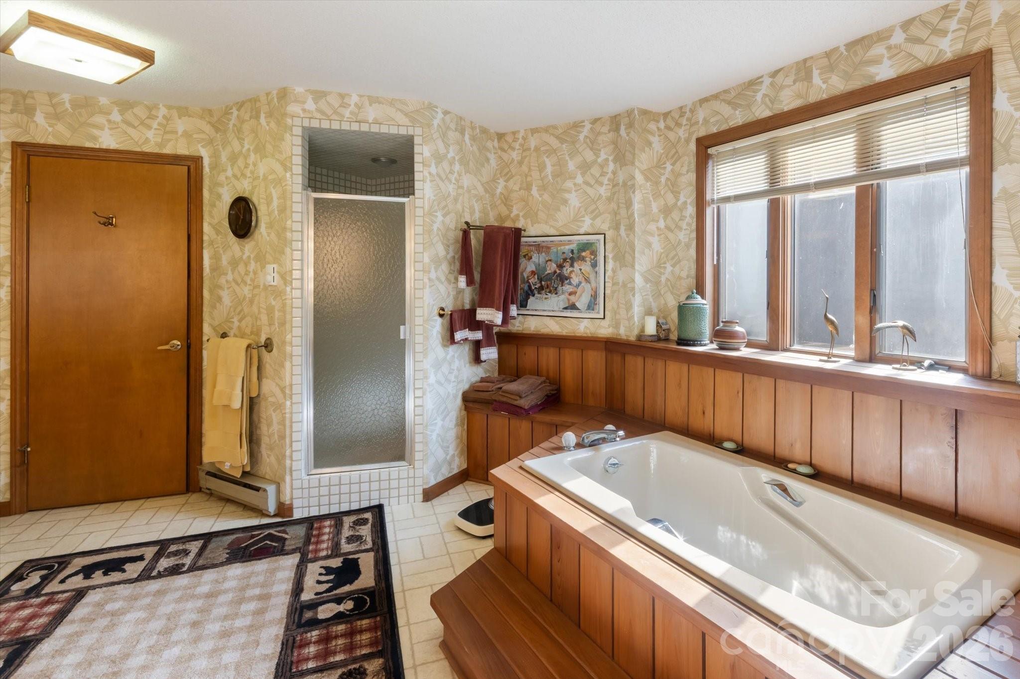 1881 Brookside Camp Road Hendersonville, NC 28792 - Photo 34 of 48 a bathroom with a tub a sink and a large mirror next to a window