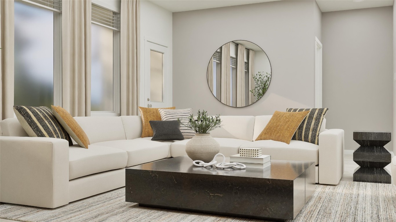 13312 Winton Drive Elgin, TX 78621 - Photo 20 of 35 a living room with furniture a mirror and a wooden floor