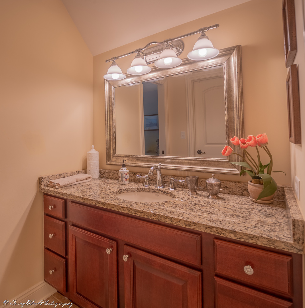 N307 Watson Road Maple Park, IL 60151 - Photo 33 of 65 a bathroom with a granite countertop sink and a mirror