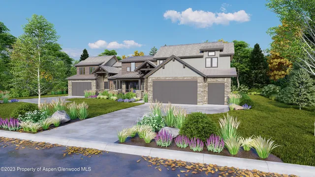 a front view of a house with a yard and fountain