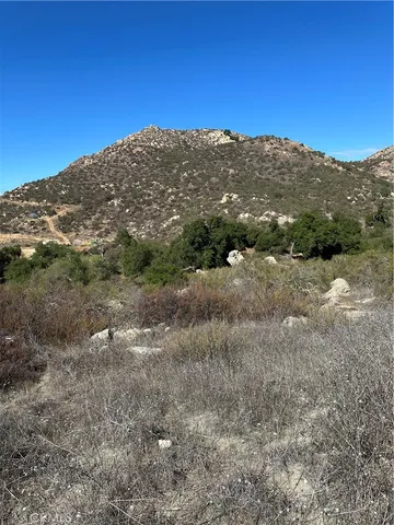 a view of a mountain in the distance in a field