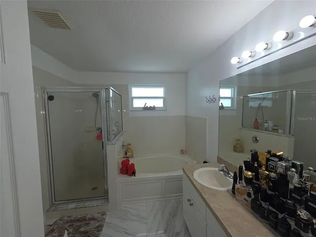 a bathroom with a tub a sink a mirror a vanity and shower