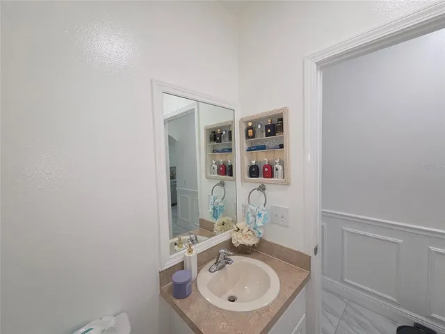 a bathroom with a sink and a mirror
