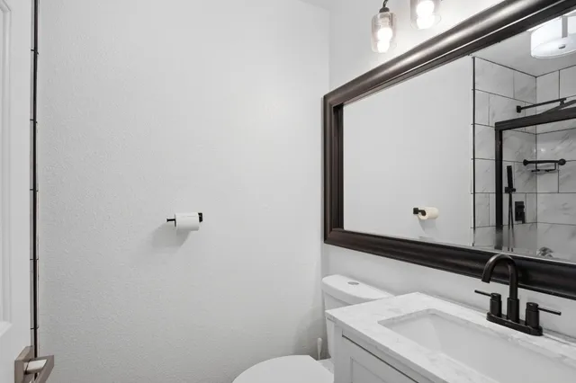 a bathroom with a sink a toilet and mirror