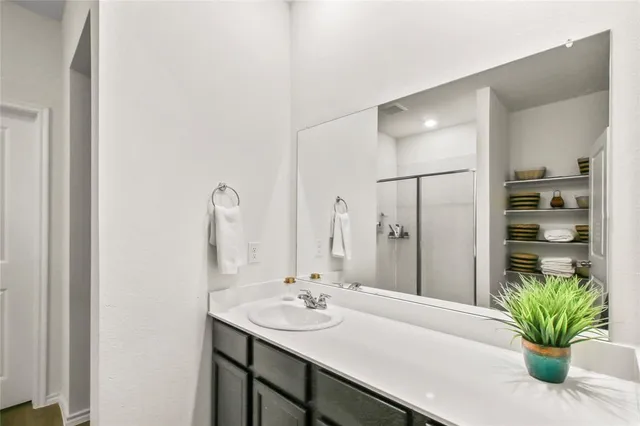 a bathroom with a sink and a mirror