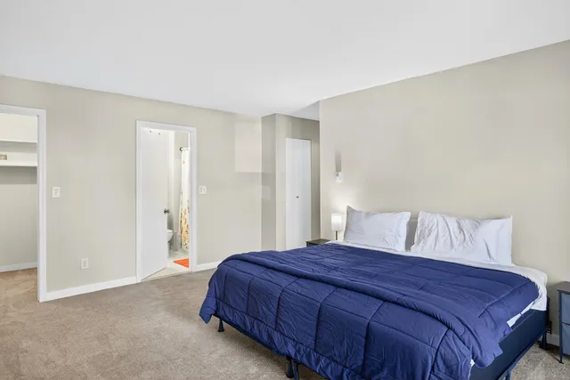 a spacious bedroom with a bed and a cabinets