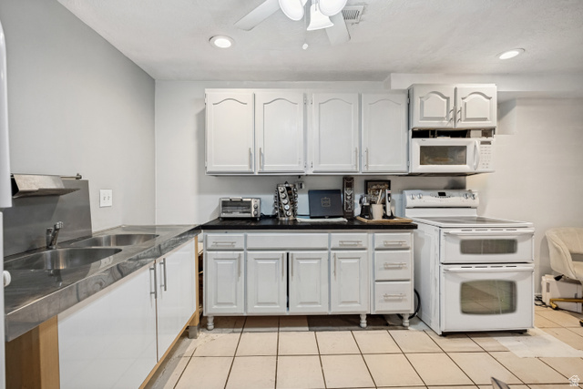 1215 8th Street Ogden, UT 84404 - Photo 23 of 39 Kitchen featuring white cabinetry, a double basin stainless steel sink, black countertops, and a white electric range with a double oven
