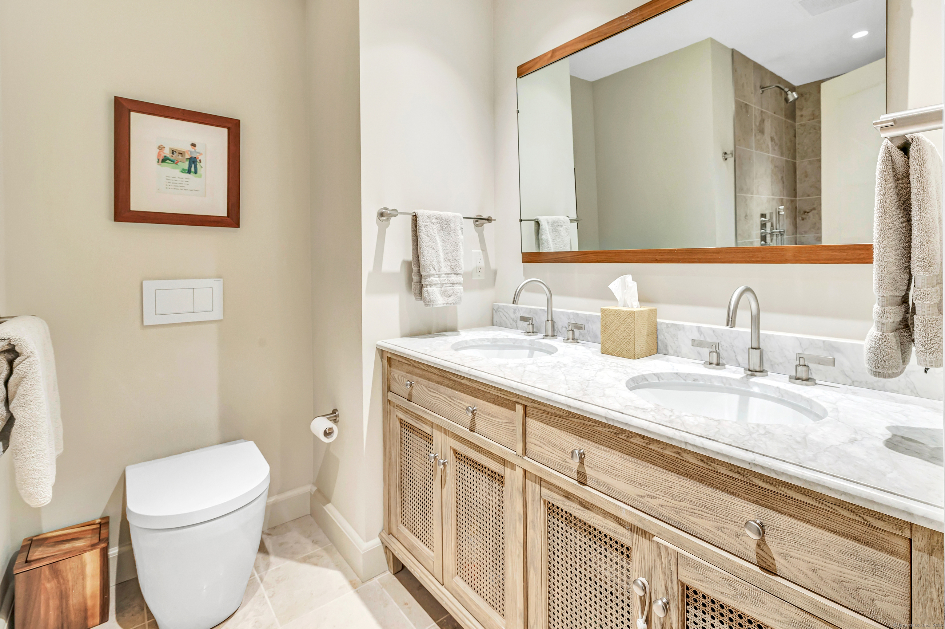 61 Clapboard Hill Road Westport, CT 06880 - Photo 34 of 40 Second floor hall bath with dual sinks, shower and tub.