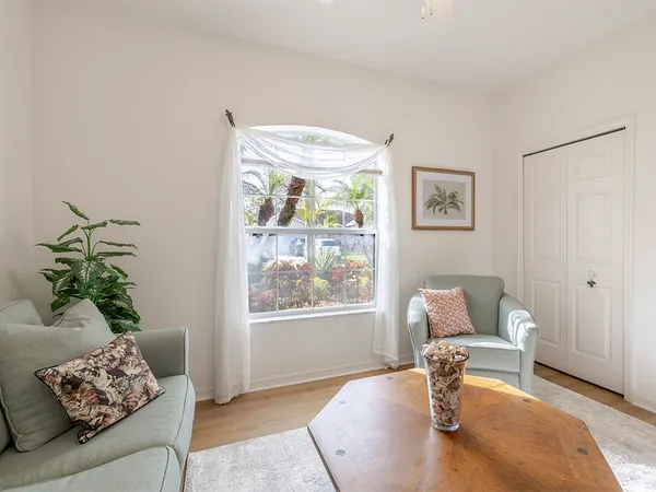 a living room with furniture and a potted plant