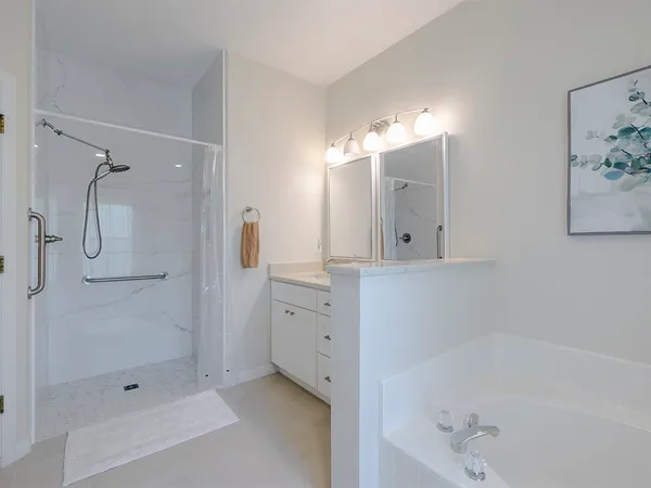 a bathroom with a tub sink shower and mirror