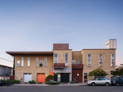 a view of a city street from a building