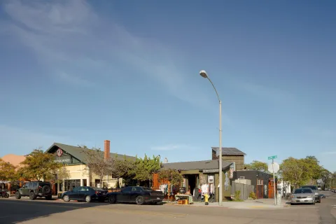a view of a brick building with a large windows