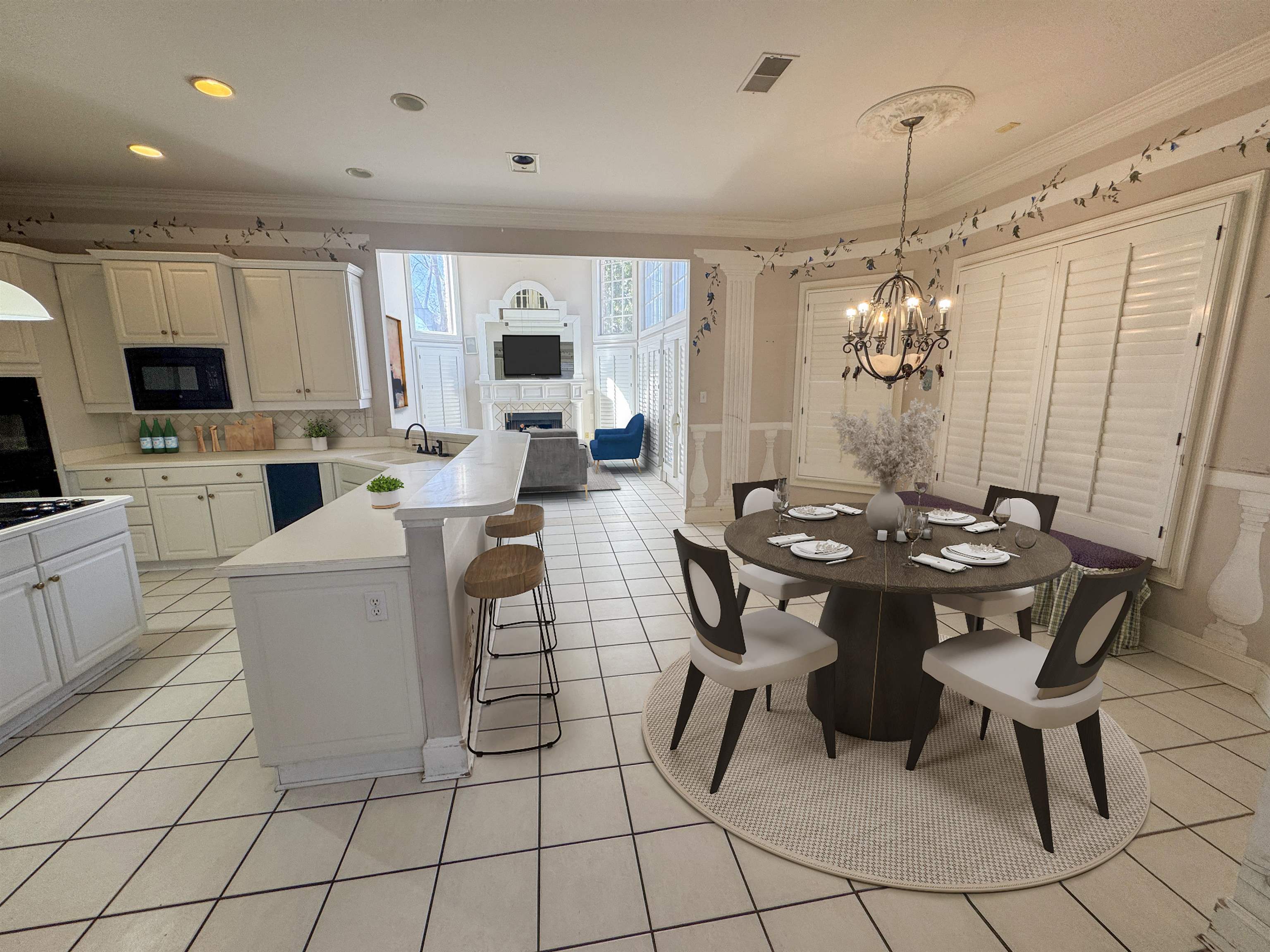 9500 Plantation Lake Road Collierville, TN 38017 - Photo 39 of 40 Dining area with light tile patterned floors, visible vents, a chandelier, a fireplace, and crown molding