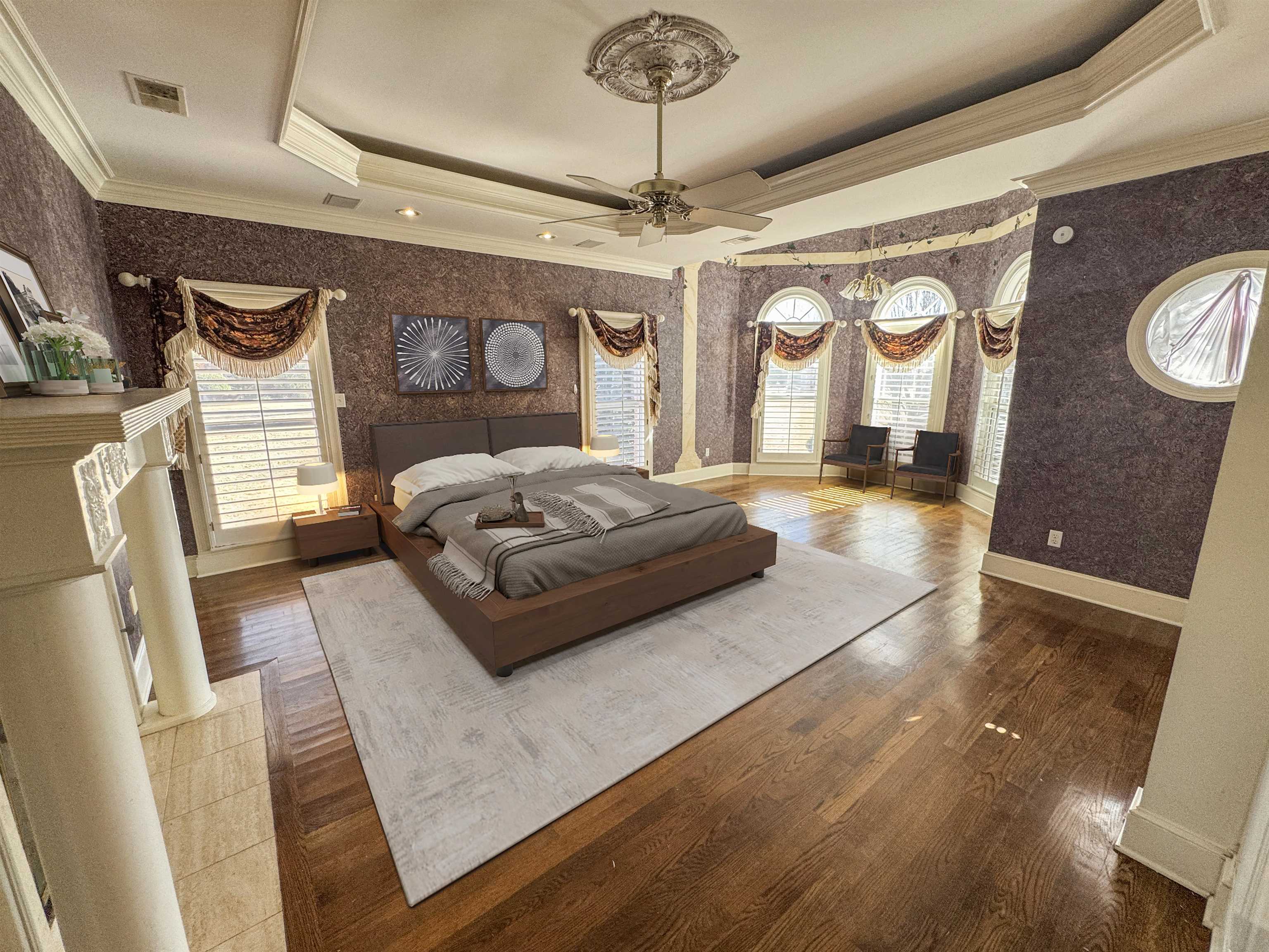 9500 Plantation Lake Road Collierville, TN 38017 - Photo 7 of 40 Bedroom featuring a tray ceiling, wallpapered walls, ornamental molding, and visible vents