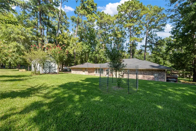 a garden view with a seating space
