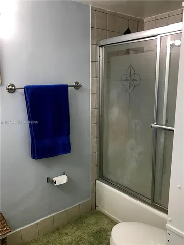 a bathroom with a shower and a toilet