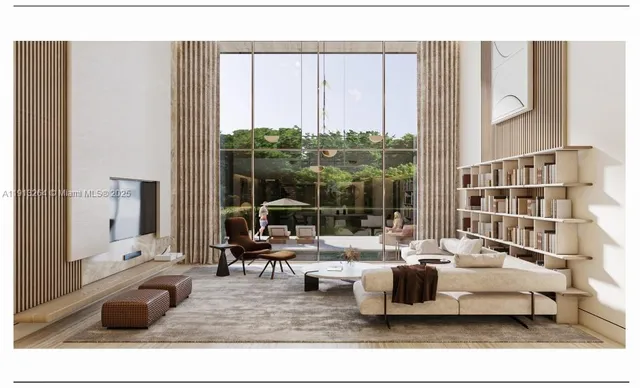 a living room with furniture and large window