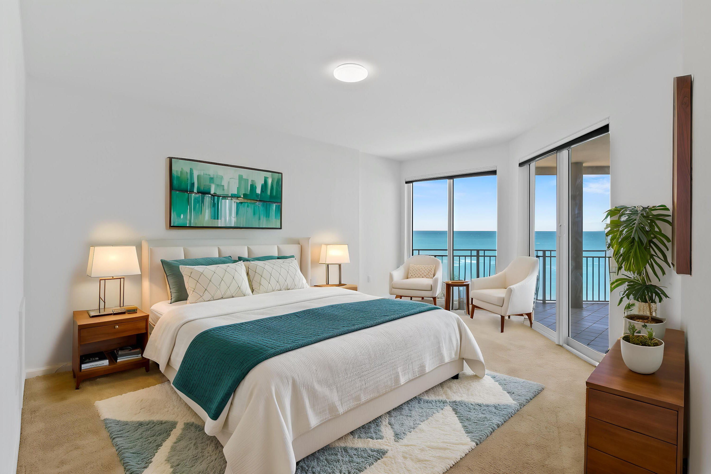 1660 Florida A1A, Unit 352 Jupiter, FL 33477 - Photo 21 of 36 a bedroom with a large bed a potted plant and a large window with outer view