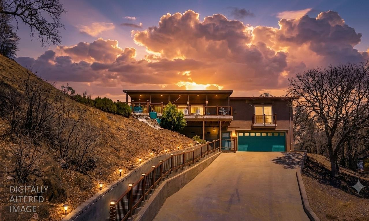 Welcome to your dream LAKE VIEW home in Lake Tulloch Shores! Sunset and night lighting digitally altered.