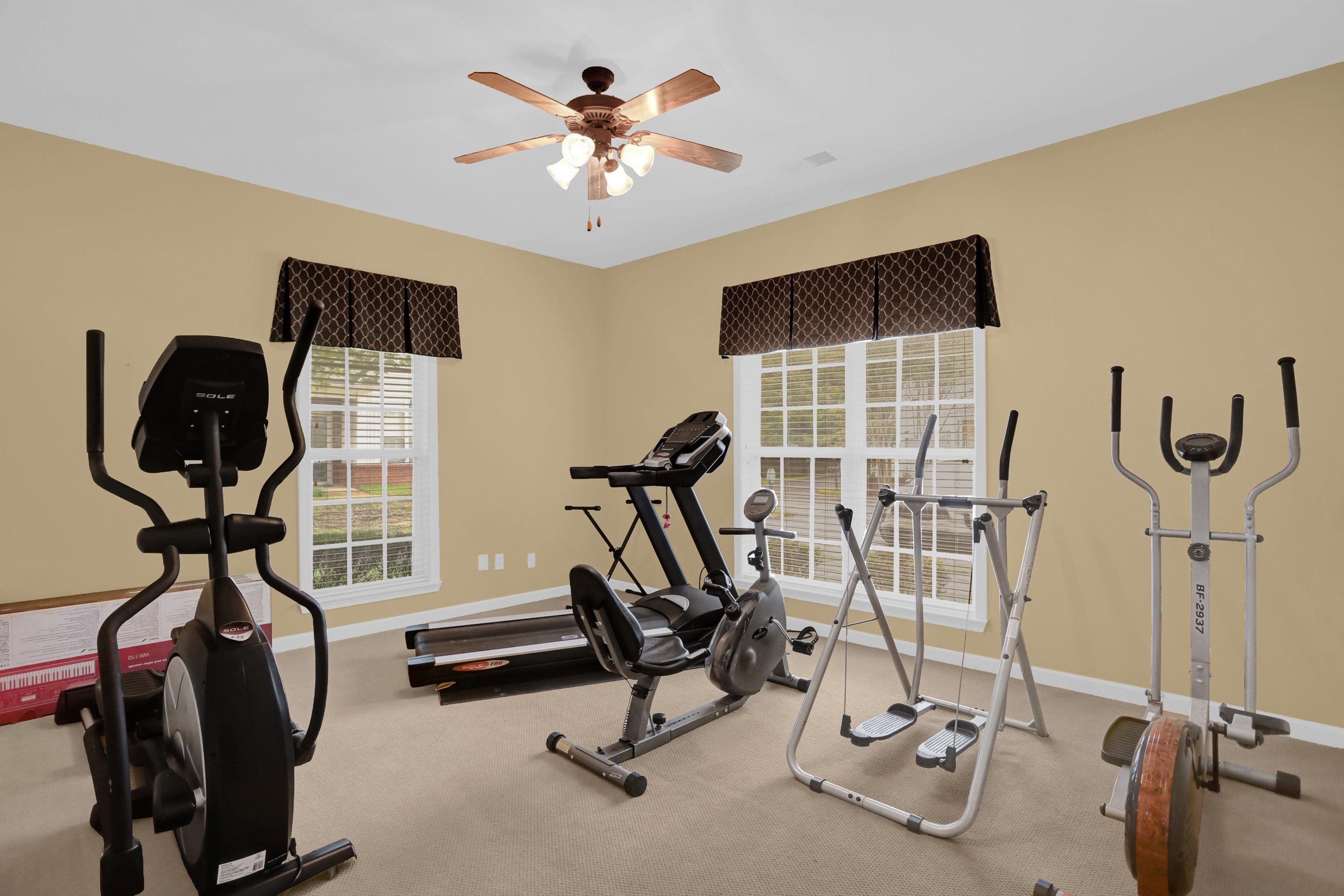 34 Peyton Ridge Drive, Unit 21 Collierville, TN 38017 - Photo 30 of 37 Spacious room with carpeted flooring, light tan walls, and two large windows featuring white blinds and patterned valances