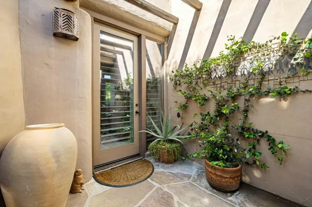 a living room with furniture and a potted plant