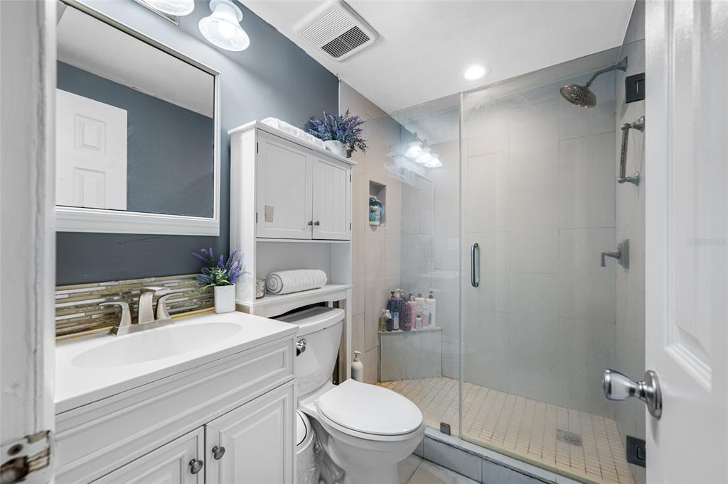 4210 Touchton Place, Unit 2 New Port Richey, FL 34652 - Photo 23 of 34 a bathroom with a sink a toilet a mirror and shower
