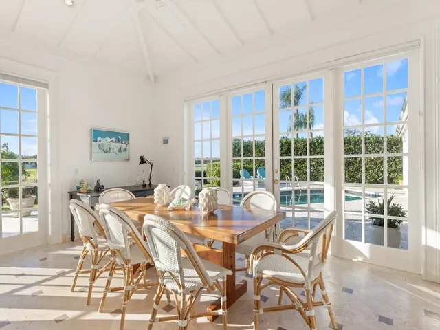 a view of a dining room with furniture window and outside view
