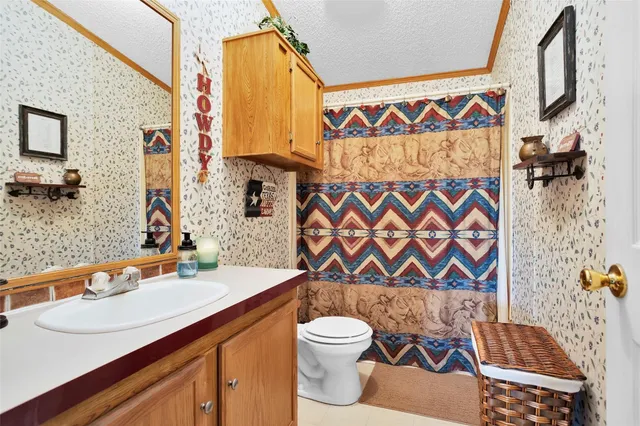 a bathroom with a granite countertop sink a toilet and a mirror