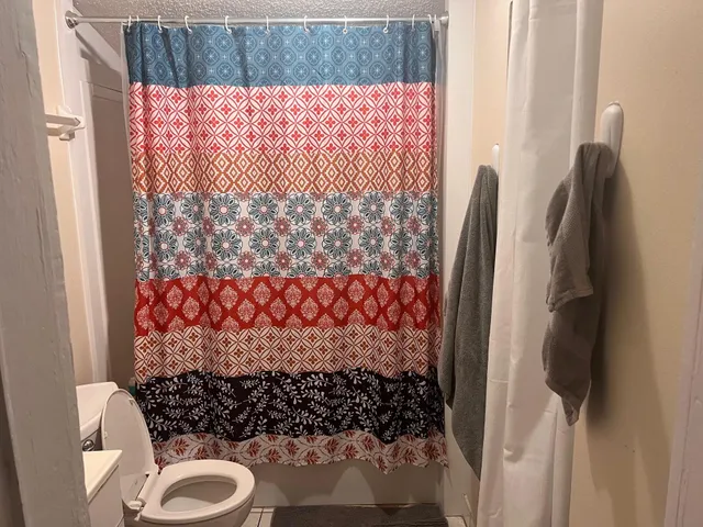 a bathroom with a toilet and a shower curtain