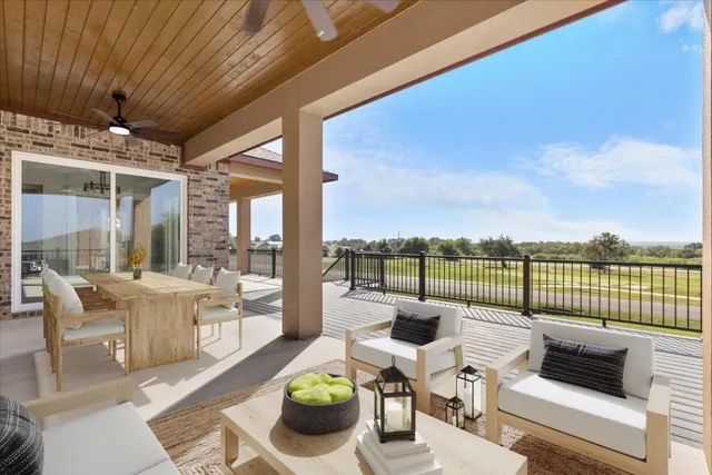 a view of a brick house with a large window