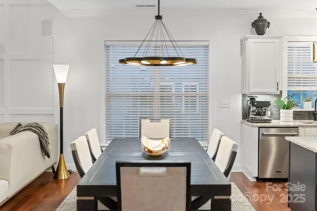 a view of a dining room with furniture and window