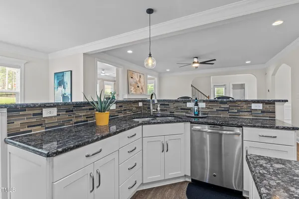 a large kitchen with lots of counter space