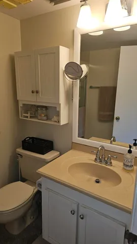 a bathroom with a toilet and a shower