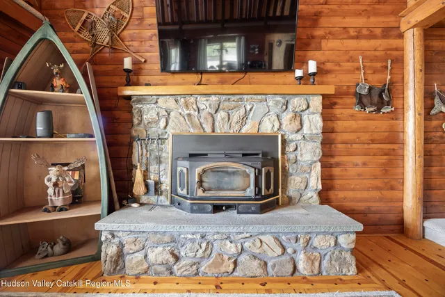 a living room with a fireplace
