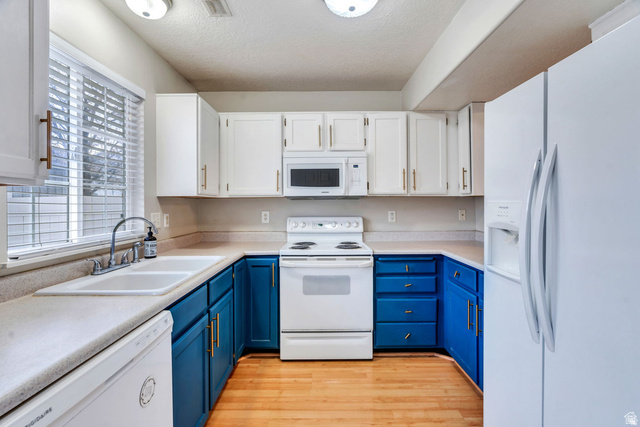 986 Independence Avenue Provo, UT 84604 - Photo 9 of 29 Kitchen featuring contrasting white upper and blue lower cabinetry with gold-tone hardware, white appliances, wood-finish flooring, and a double basin sink