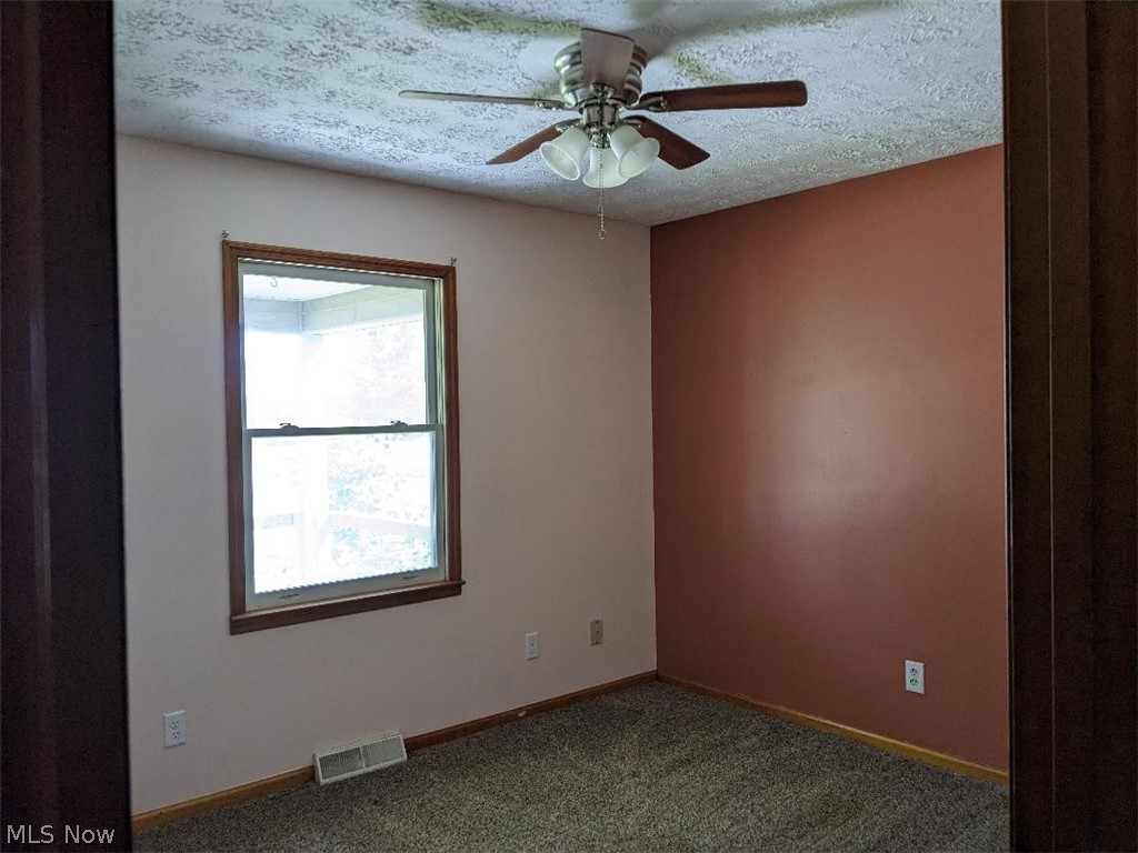 13096 Smith Road Wellington, OH 44090 - Photo 13 of 24 Room featuring a ceiling fan with integrated lighting, wood-trim window, and carpet flooring